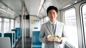 Pekerja memegang bento di kereta