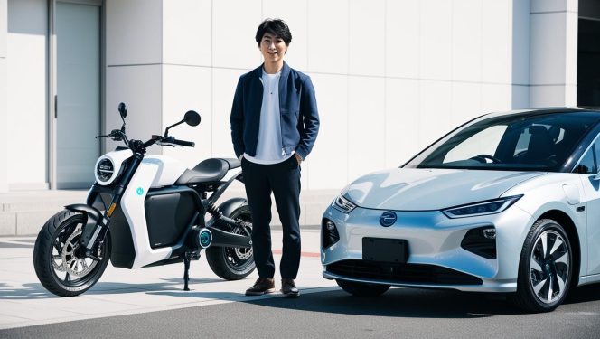 
					Ilustrasi motor listrik dan mobil listrik pria
